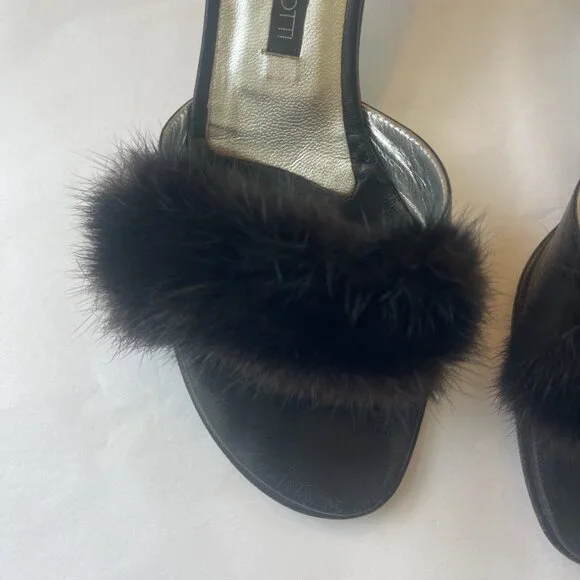 Giuseppe Zanotti Black Leather Kitten Heel Slides With Mink Fur - Picture 3 of 11